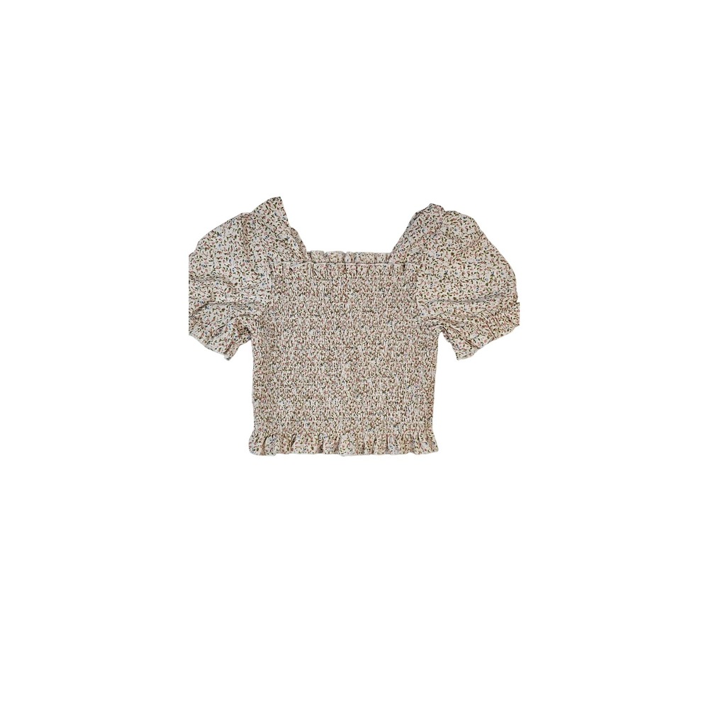Floral Smocked Puff Sleeve Top Square Neck Ruffle Hem Ditsy Print White Multi